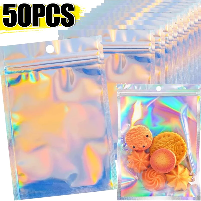 50/10PCS Resealable Laser Foil Bags Small Business Packaging Holographic Envelopes Pouch Plastic Candy Jewelry Food Storage Bag