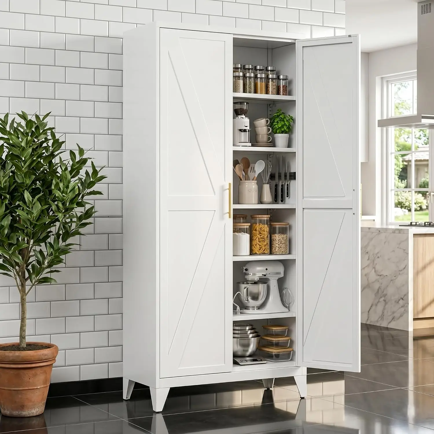 75.3 in Metal Pantry Cabinet White 5 Adjustable Shelves Tall Storage with Doors for Kitchen Laundry Office Garage, Customized