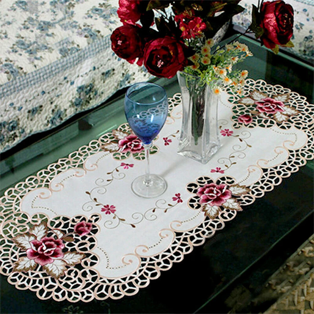 1Pcs 16x33 Inches White Oval Satin Fabric Lace Tablecloth Doily Embroidered Floral Small Table Cover Home Decor Placemat