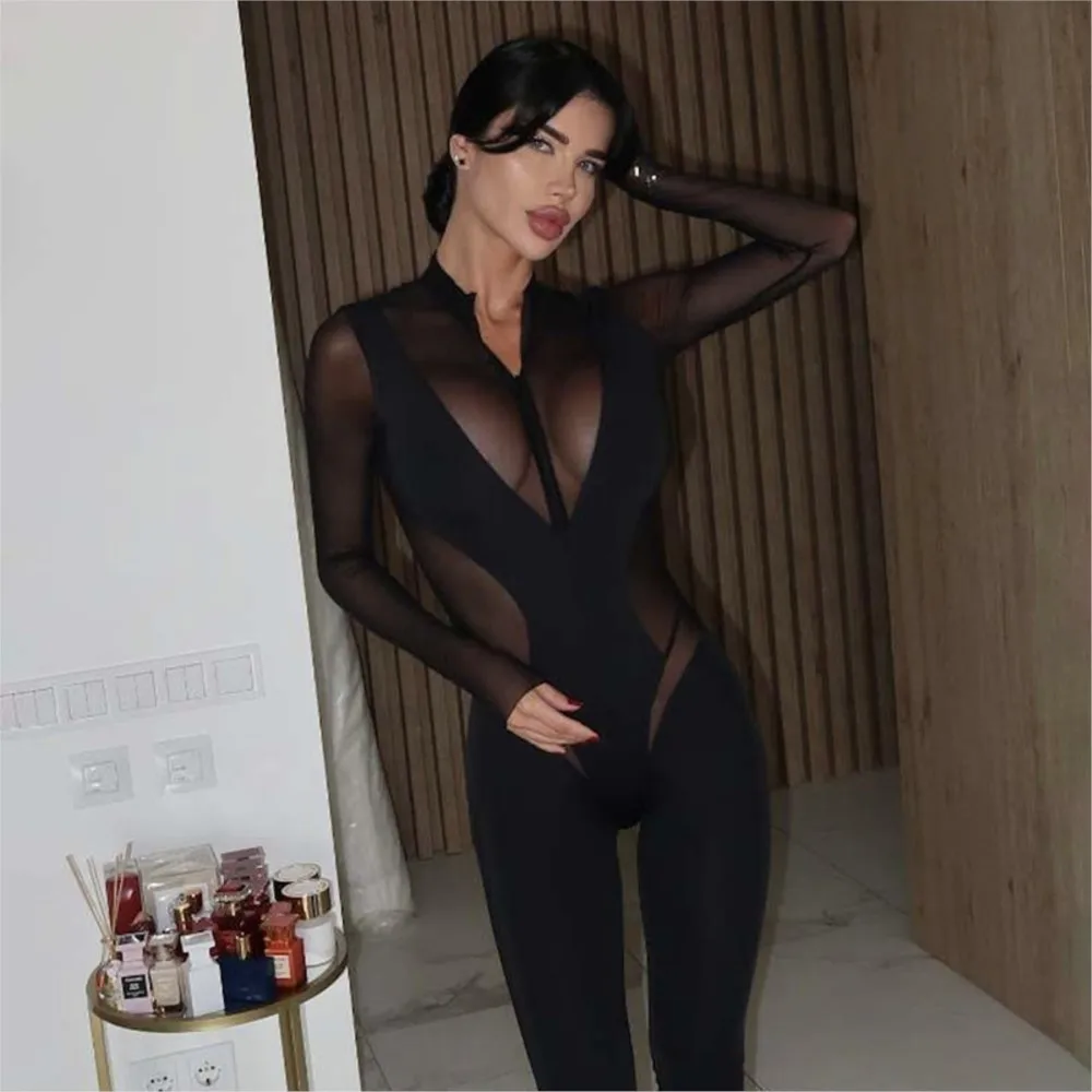 

New Women's Jumpsuits Autumn Winter Solid Color Sexy Slim See-through Clothes Mesh High Collar High Waist Long Sleeve Jumpsuit