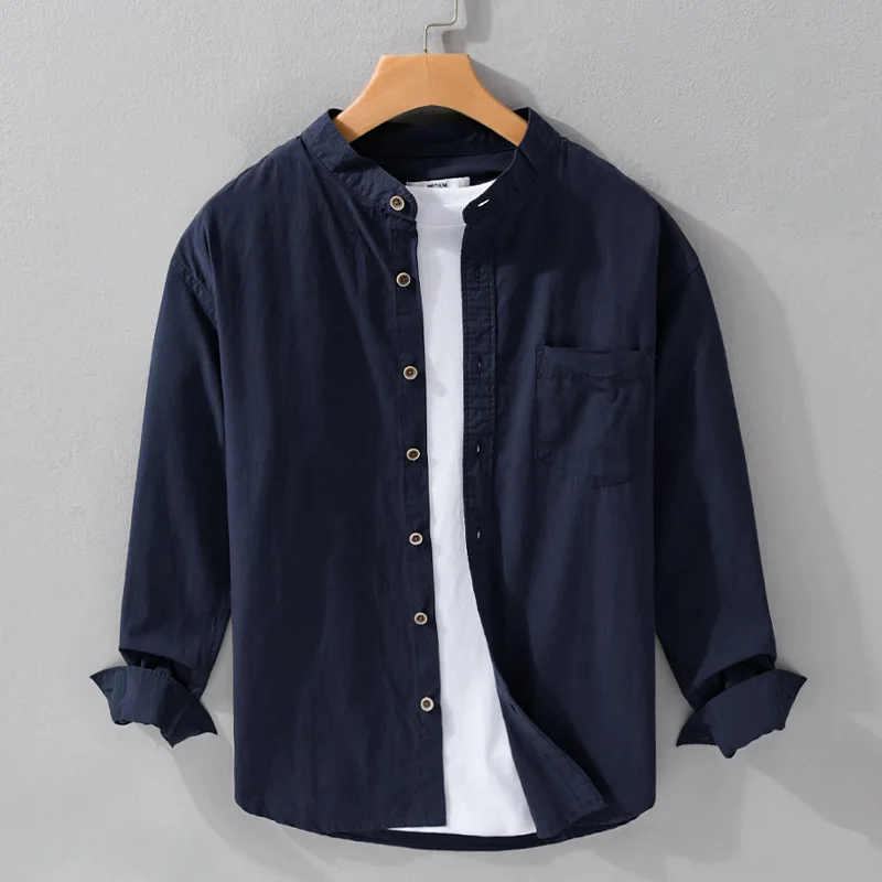Spring Fashion Men's Casual Loose Shirts Stand Collar Solid Color Simple Basic Comfortable Blouses 100% Cotton Premium Tops