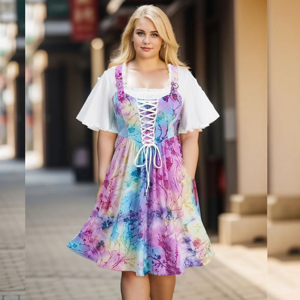 

ROSEGAL Plus Size Dresses Vestidos Women Spring Summer Short Sleeve Casual Lace Up Tie Dye Ruffles Pockets Ribbed Textured Dress