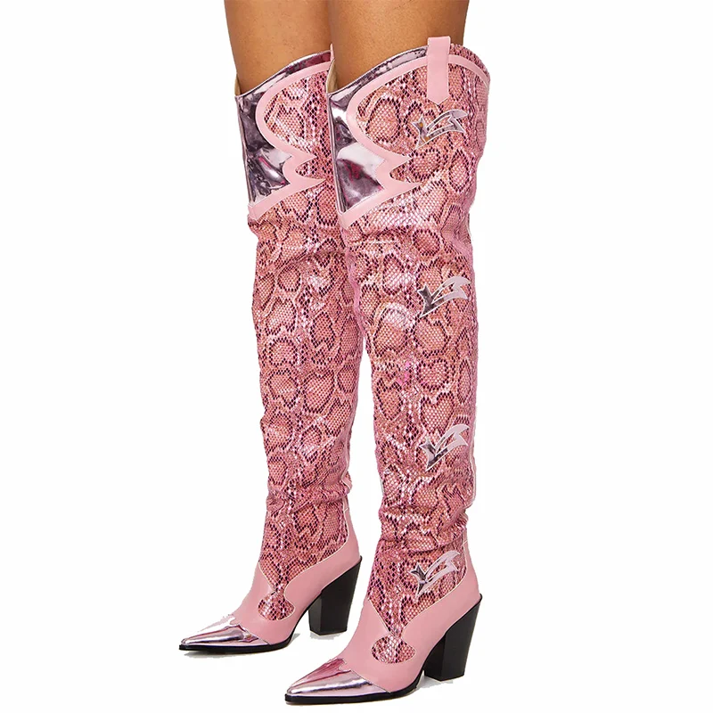 

New Snakeskin Pointed Toe Over-Knee-High Boots For Women Long Boots Women Chunky High Heels Women Fashion Party Botas de mujer