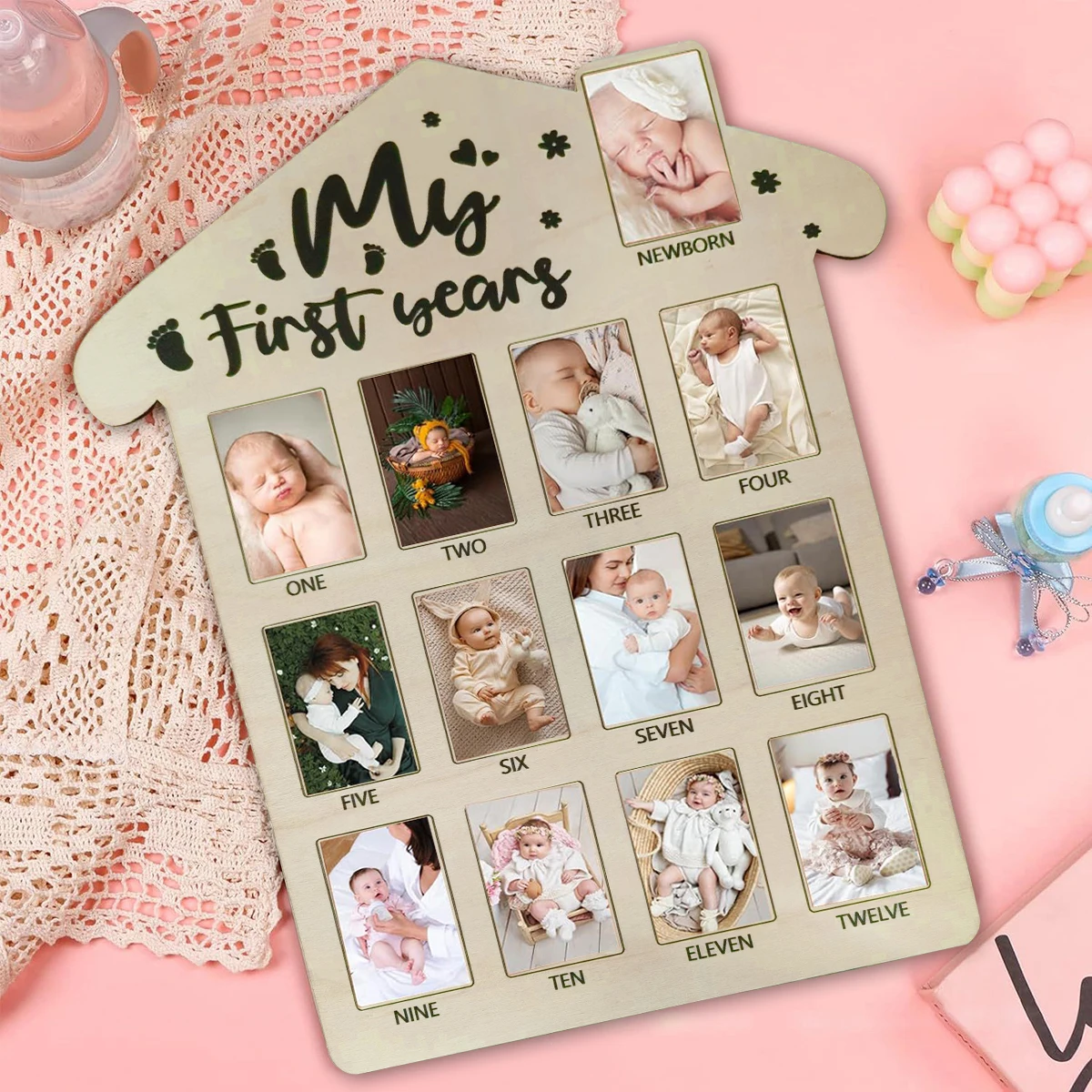 Wooden baby commemorative photo frame Baby calendar Photo display board Baby milestone photo frame