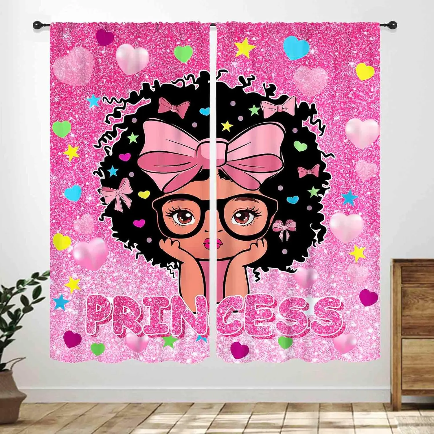 Dynamic Afro Girl Glasses Theme Curtain 2 Panels Hot Pink Spark Star Kid Room Print Window Curtain Sweet Princess Home Decor