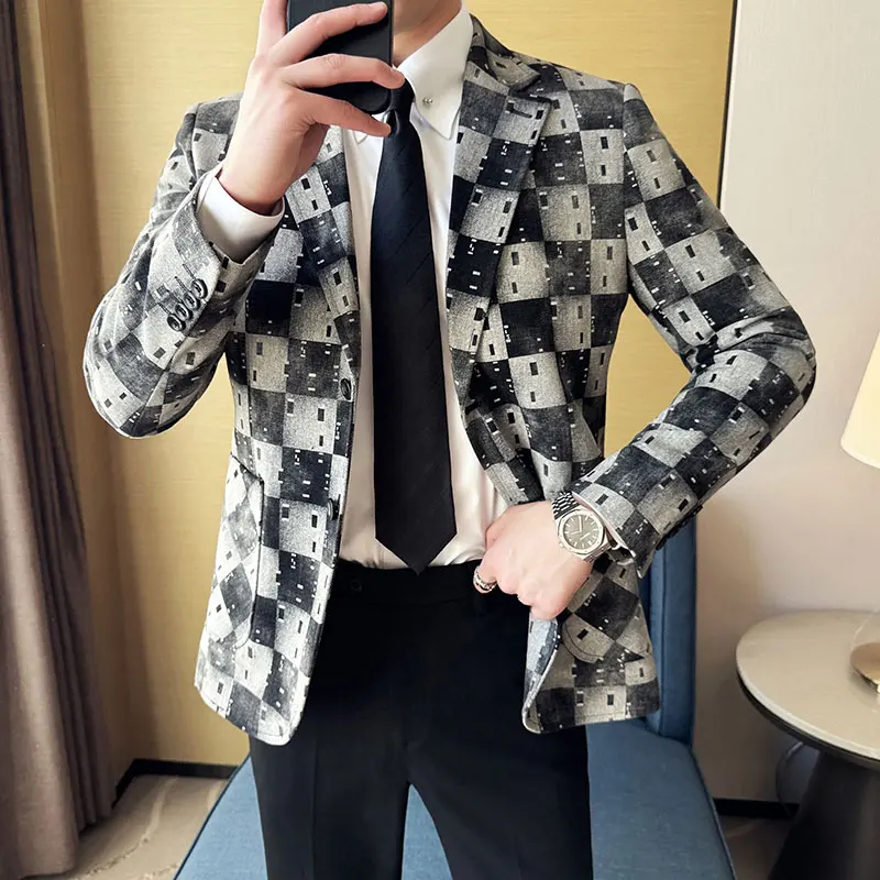 British Style Men\'s Suit Jacket High-quality Fashion Luxury Plaid Suit Jacket Blazer Business Slim Fit Elegant Dress Suit Jacket