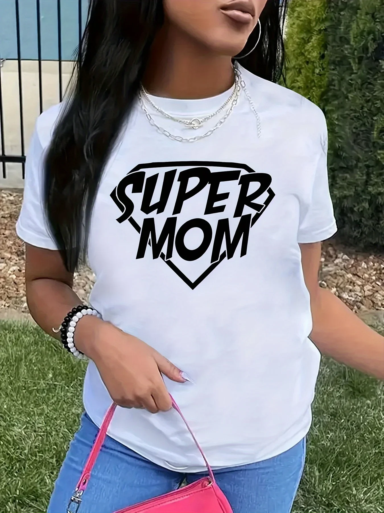 SUPER MOM Letter Print Women T-shirt Short Sleeve Crew Neck Casual Top for Summer & Spring Women's Clothing Female Tops Tees