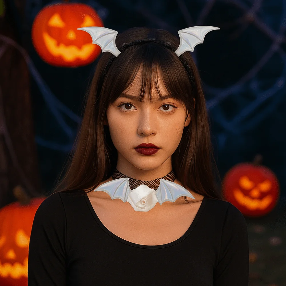 

Funny Flower Bat Wings Hairband Lace PU Leather Headband Necklace Set Gothic Mesh Halloween Hair Hoop Costume Accessory