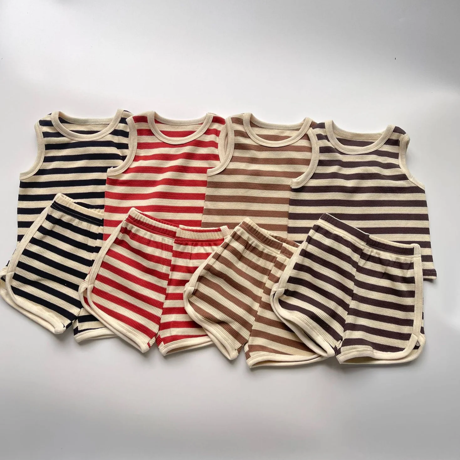 

Baby Cotton Loose Thin Vest Suit Kid Casual T-shirt Set Summer Boy Girl Children Waffle Striped Sleeveless Tops + Shorts 2pcs