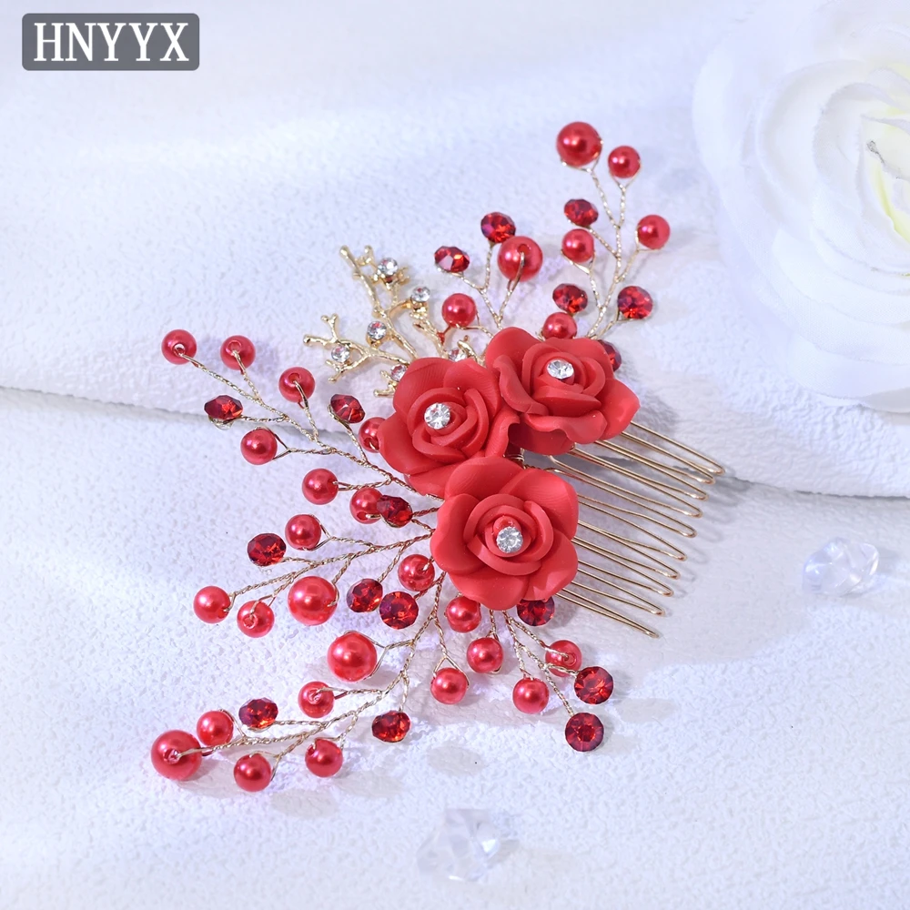 

HNYYX Bridal Wedding Dress Hair Accessories Chinese Style Pearls Hair Comb Red Romantic Side Comb Elegant Women's Headdress A367