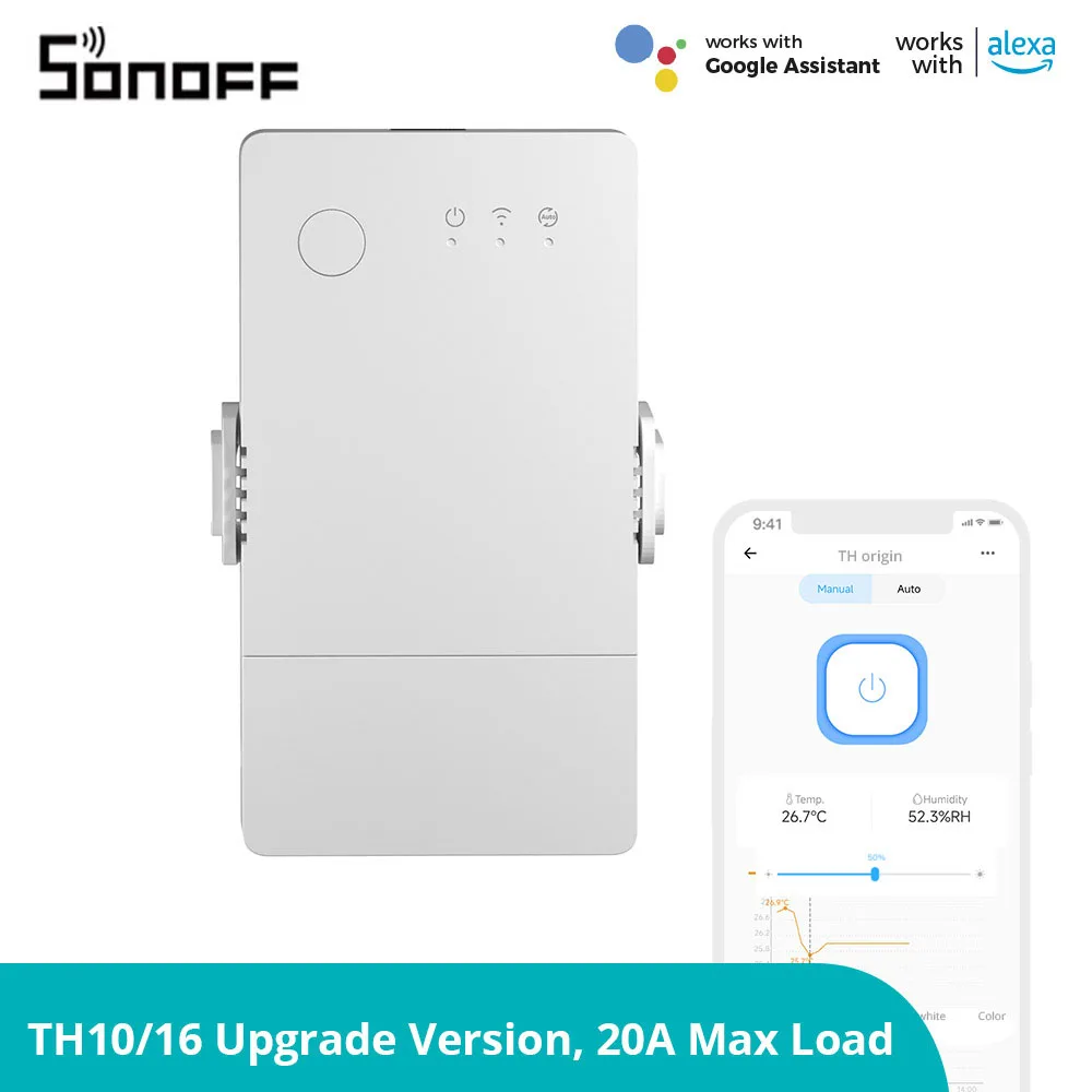 

Умный переключатель SONOFF TH Origin, 16 А, 20 А, Wi-Fi, с монитором температуры и влажности, автоматизация умного дома для Alexa Google Assistant