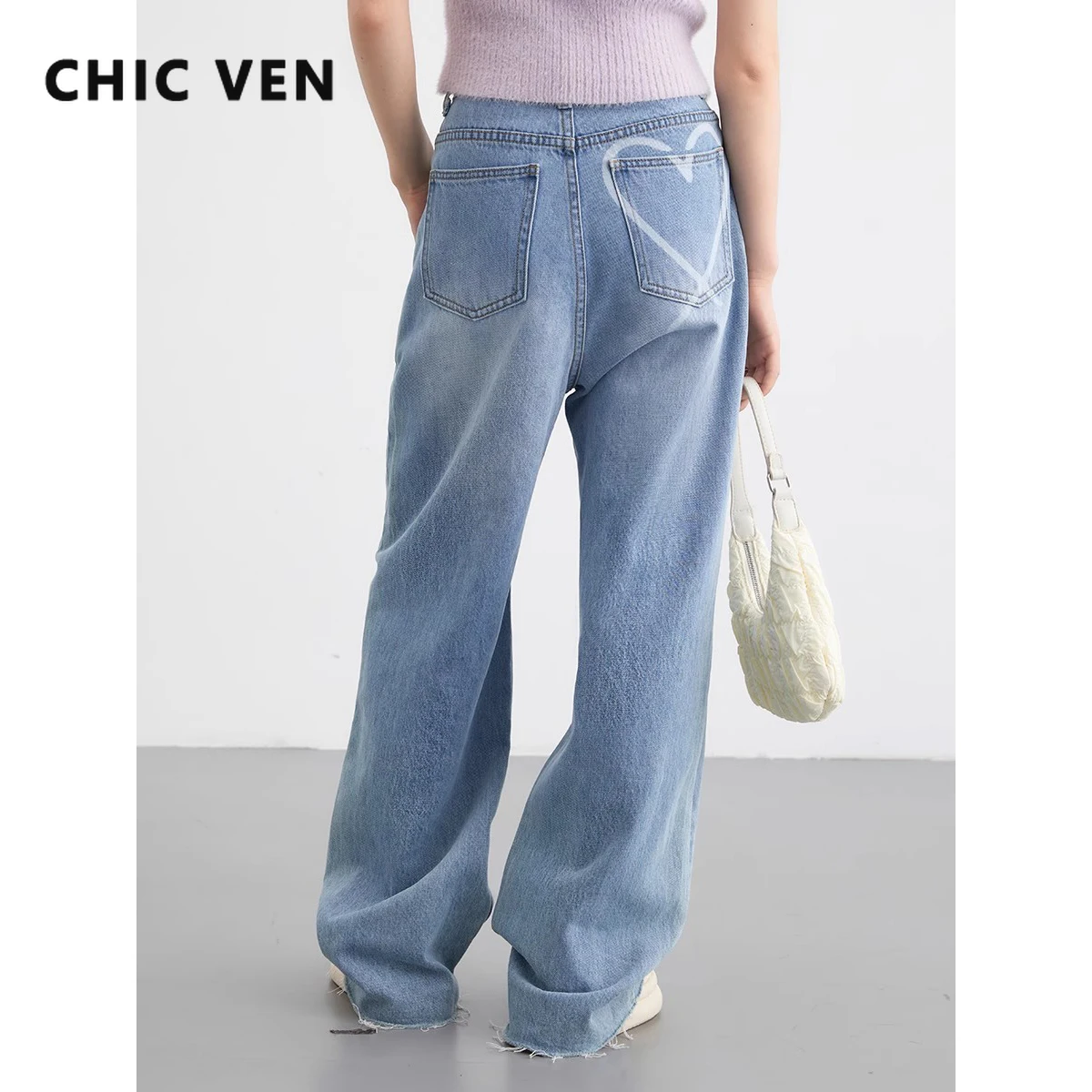 

CHIC VEN Women's Jeans Loose Casual Blue New High Waist Straight Tube Love Trousers Denim Pants Spring Autumn 2023