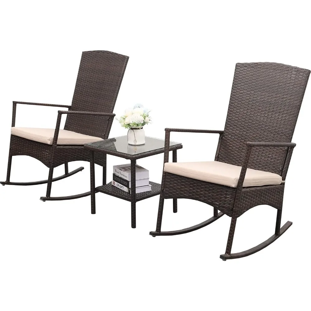 Outdoor PE Wicker Rocking Chair 3-Piece Patio Rattan Bistro Set 2 Rocker Armchair and Glass Coffee Side Table Furniture