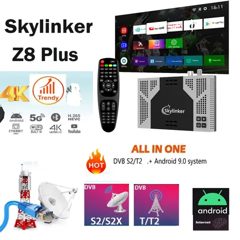 Skylinker Z8 Plus Hybrid Android OTT+ DVB-S2+DVB-T2 HD 4K TV Box FTA With H265 2+16GB 5G Wifi OTT DVB-S2 Satellite Receiver