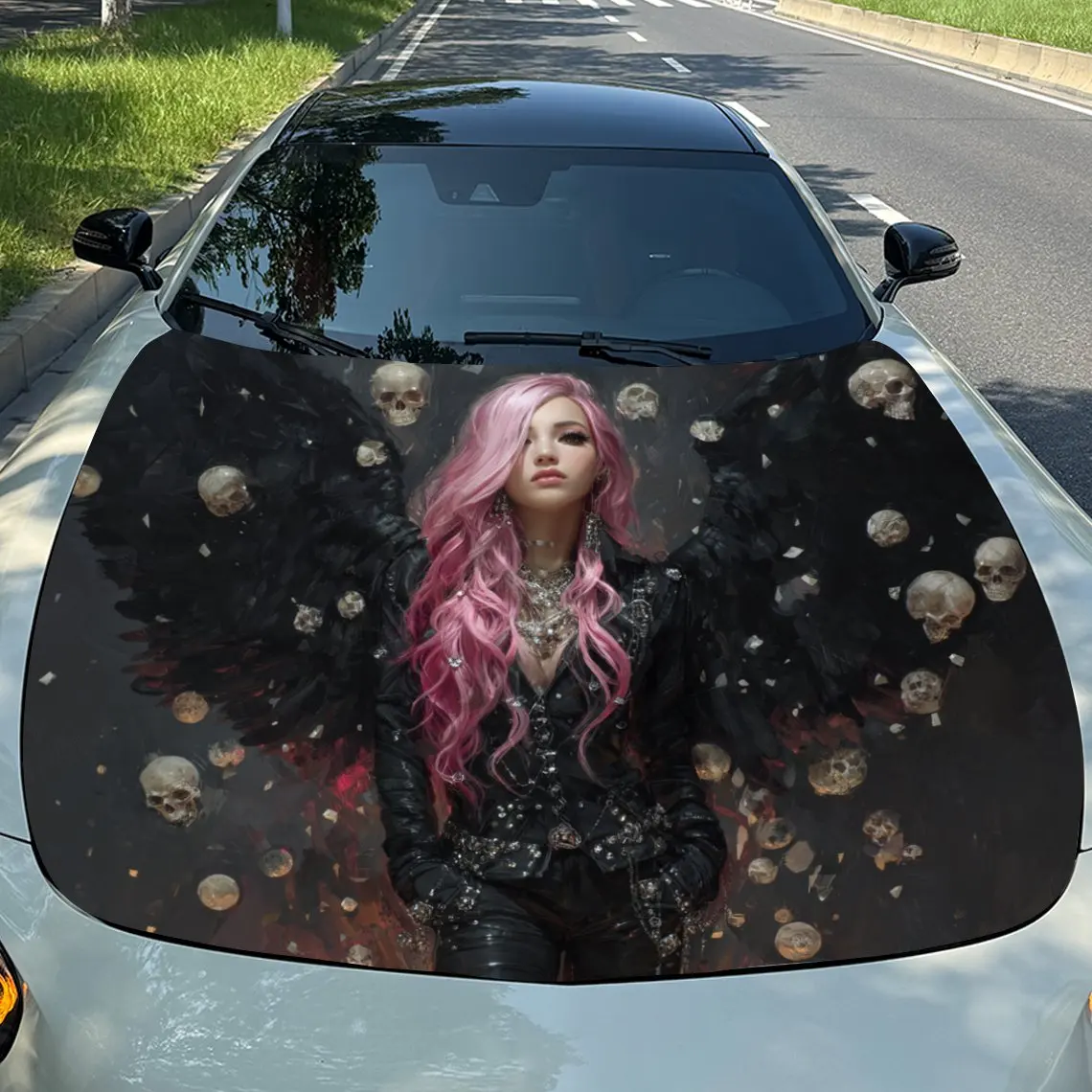 

Pink Haired Black Winged Girl Car Hood Decal Sticker - Durable PVC Vinyl Wrap For Most Vehicles, Engine Hood Protective Film Gif