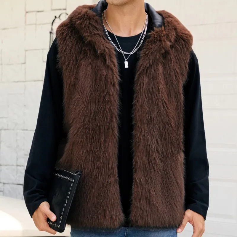 رشاقته الدافئة فضفاضة حجم صدرية جاكيتات أكمام الفراء رقيق معاطف أبلى 2025 الشتاء الرجعية رجالي فو الثعلب الفراء سترة مقنعين #3