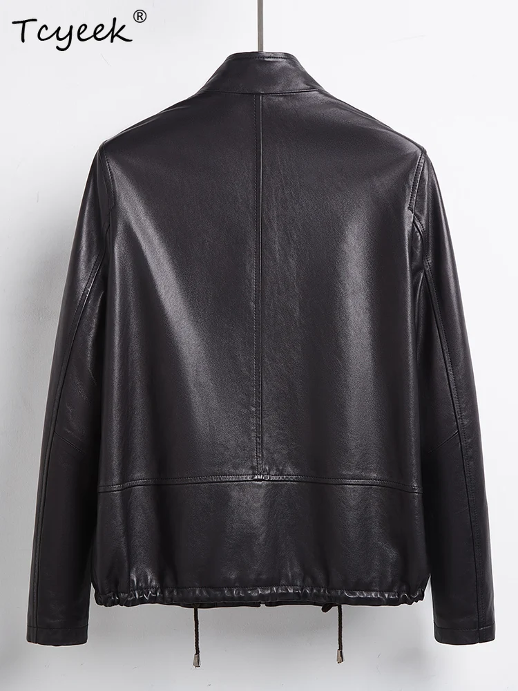 Tcyeek Echt Schaffell Frauen Leder Jacke Frühling Herbst Vintage Stehkragen Kurze Lange Hülse Schwarz Jacken Chaqueta Cuero