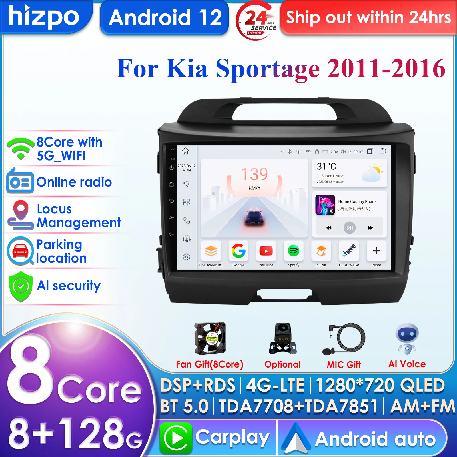 

Hizpo AI Voice 2 Din Android Auto Radio For KIA Sportage 3 2010-2016 2015 Carplay Car Multimedia GPS 2din Autoradio SWC BT RDS