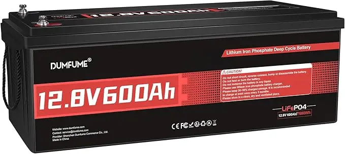 

12.8V600Ah LiFePO4 lithium battery with built-in 250A rechargeable battery, suitable for RVs, solar systems, and energy storage.