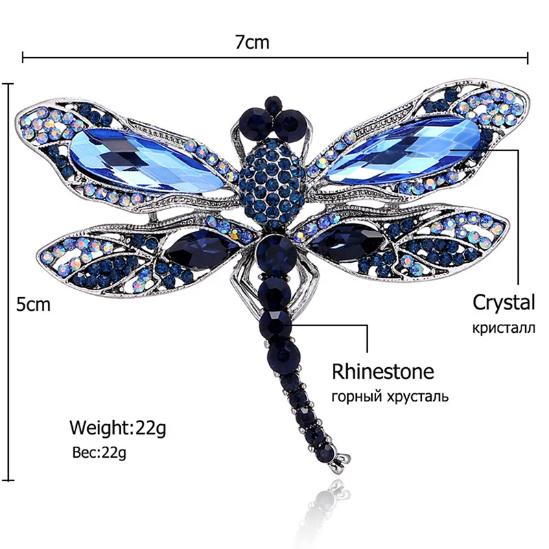 Niebieskie kryształowe broszki Vintage Dragonfly dla kobiet Wysokiej jakości modne broszki z owadami Szpilki Akcesoria do płaszczy Biżuteria dla zwierząt Prezenty