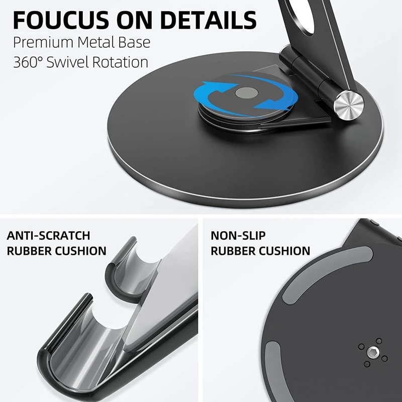 조정 가능한 태블릿 스탠드, 360 ° 회전 베이스, 알루미늄 합금 데스크탑 스탠드, 4-13 인치 태블릿용