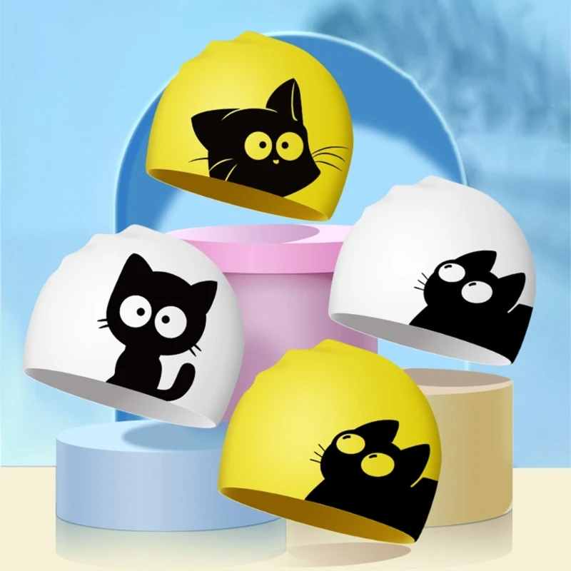 Cute Cat Swimming Cap For Long Hair Ears Protect Children Kids Waterproof Elastic Silicone Swim Pool Cap Bathing Caps Diving Hat