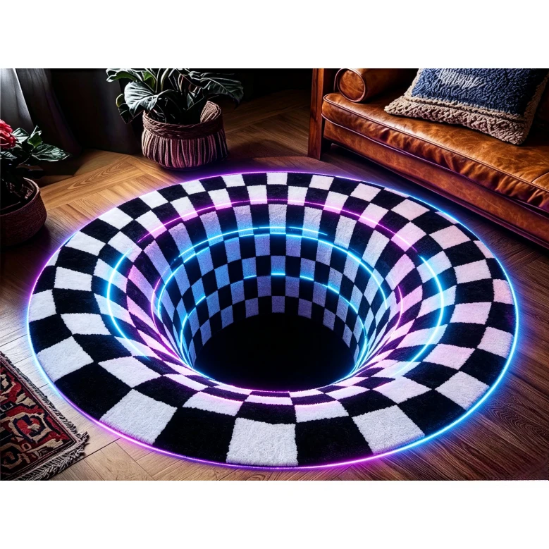 2D Vortex Illusion Round Area Rug Iridescent Swirl Rainbow Art Floor Mat for Living Room Game Room Home Interior Decoration