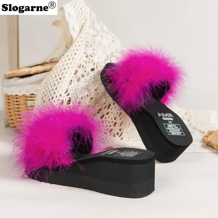 Women Luxury Fur Slippers Girls Outdoor Faux Fur Flip Flops Furry Sandals Fluffy Platform Shoes Korean Thick Sole Summer Slides