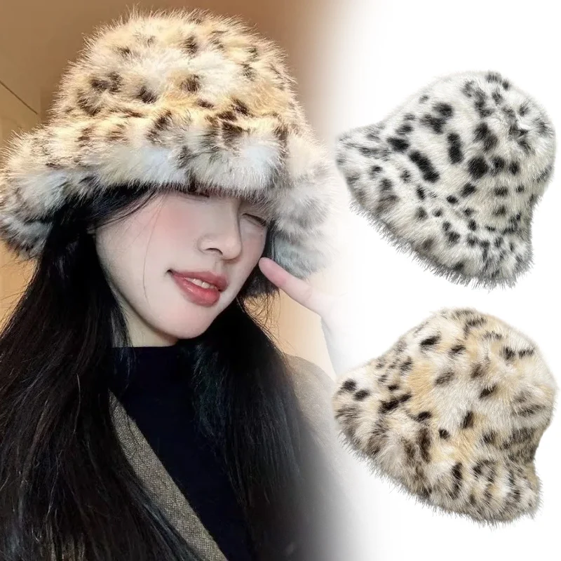 

2025 Ins Puffy Faux Fur Bucket Hats Women Fashion Leopard Print Plush Sun Hats Winter Thickened Warm Imitation Fur Panama