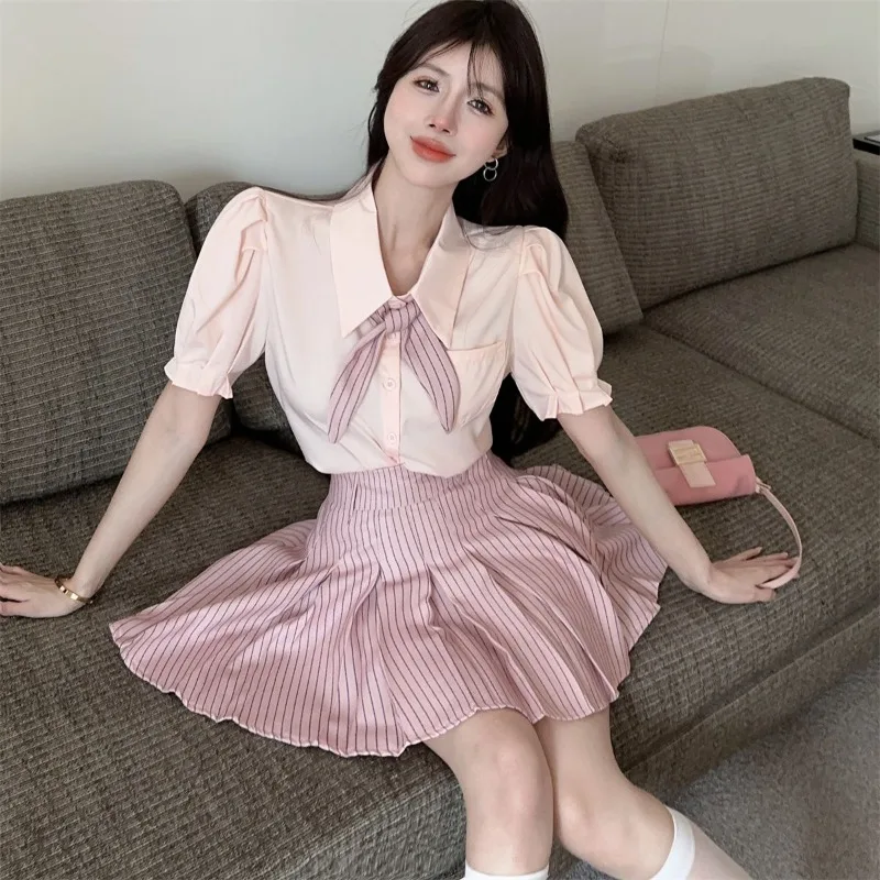 Academy Sweet Bubble Sleeves Shirt Stripe Pleated Skirt Two Piece Set Women Polo Neck Fashion Korean Spicy Girl Slim Summer Suit