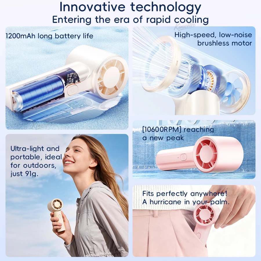 Kinscoter New Mini Handheld Fan 1200mAh Quiet High Speed Portable Rechargeable Fan 3 Speed Outdoor Travel Portable Pocket Fan