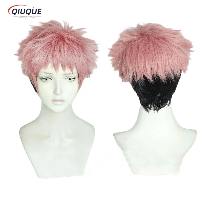 

High Quality Yuji Itadori Cosplay Wig Anime Itadori Yuji Short Pink Gradient Black Heat Resistant Synthetic Hair Wigs + WigCap