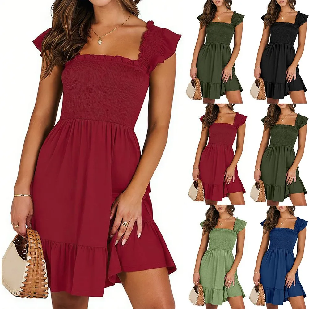 Summer Woman Dress Sleeveless Square Neck Women's Casual Maxi Dress Tiered Skirt Knee Length A Line Solid Color Elastic Waist