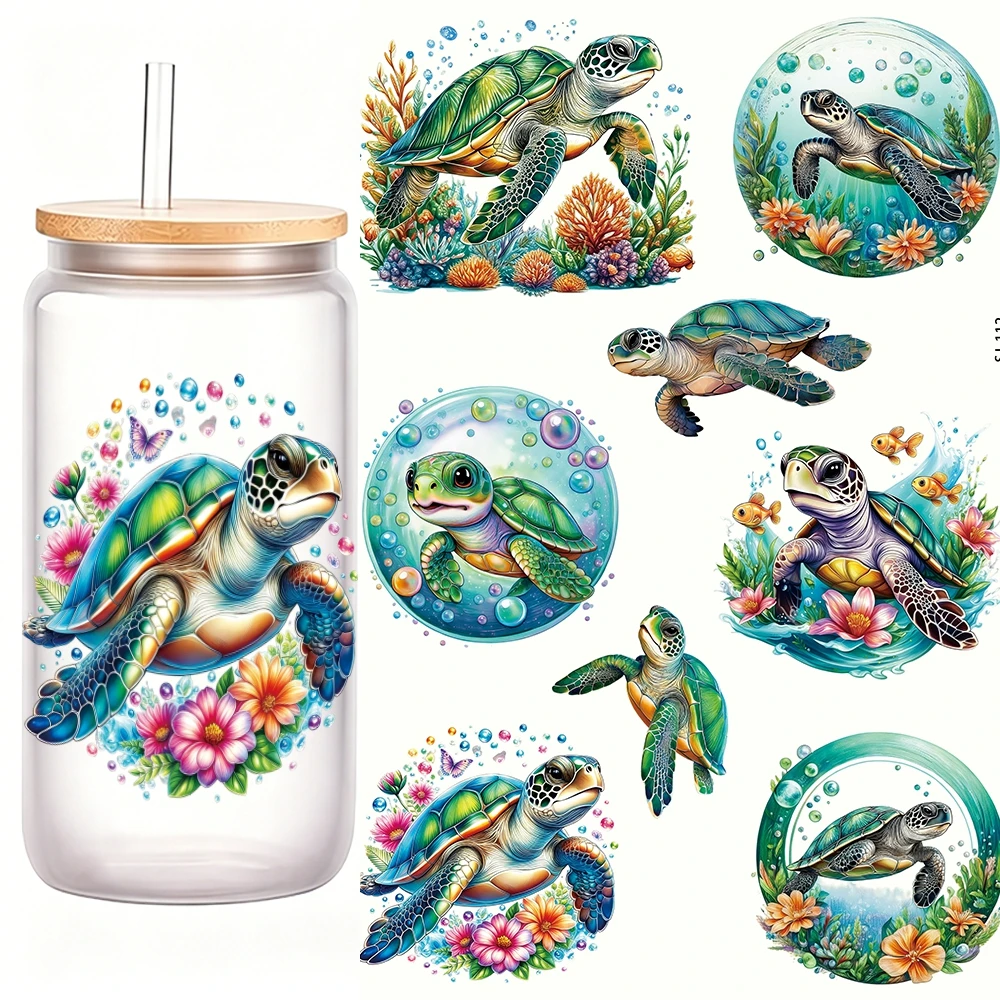 8pcs Rainbow Sea Turtle UV DTF Cup Pack For Glass Waterproof Sea ​​turtle Seaweed Exquisite Design UV DTF Sticker For Mug