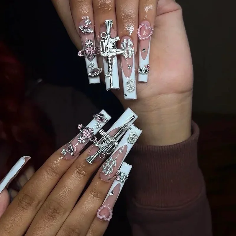 Customize Handmade 3XL Long Glittery Rhinestone Press On Nails Y2K False Nail Tips Reusable Artificial Fake Nail With Glue Gift