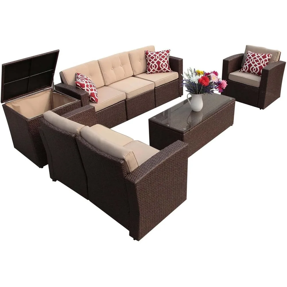 

8 Pieces Outdoor Patio Furniture Set, Wicker Patio Conversation Sets with Storage Box, Rattan Outdoor Sectional Sofa Set with C