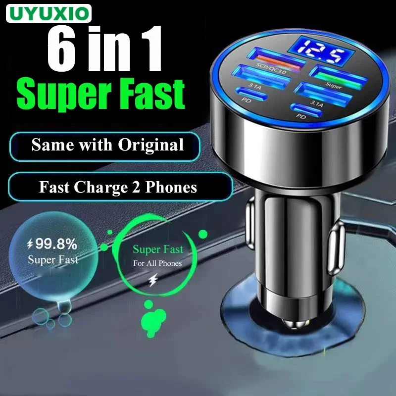 UYUXIO 6 in 1 Multi Port USB C Car Charger Adapter with Volt Meter Fast Charge with Voltage Display for iPhone 17 16 Samsung