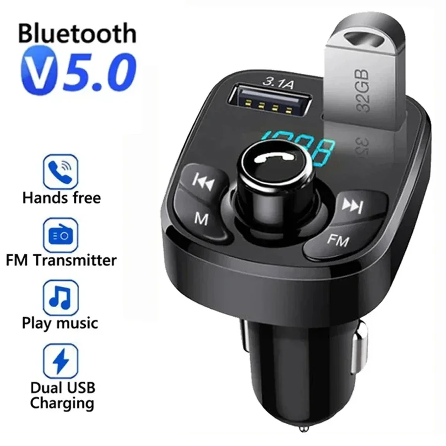 Car Hands-free Bluetooth-compaitable 5.0 FM Transmitter Car Kit MP3 Modulator Player Handsfree Audio Receiver 2 USB Fast Charger