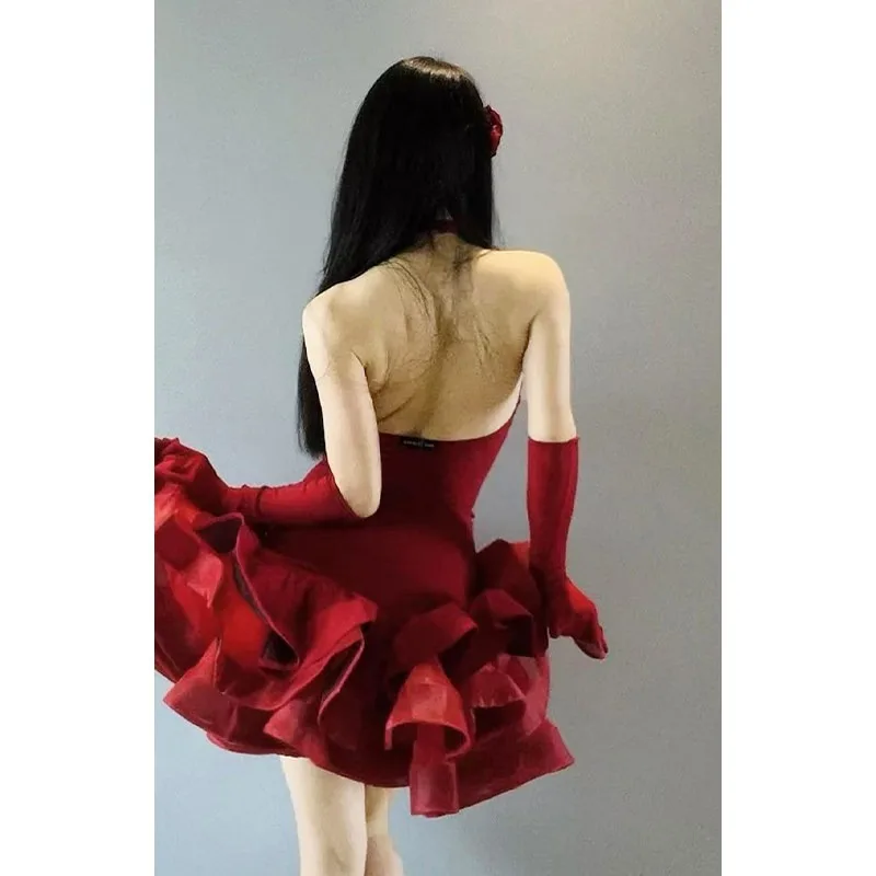 

Комплект для латиноамериканских танцев для взрослых: Красное платье с цветочным узором, перчатки и аксессуары в виде розы и рыбьего косточки для выступлений