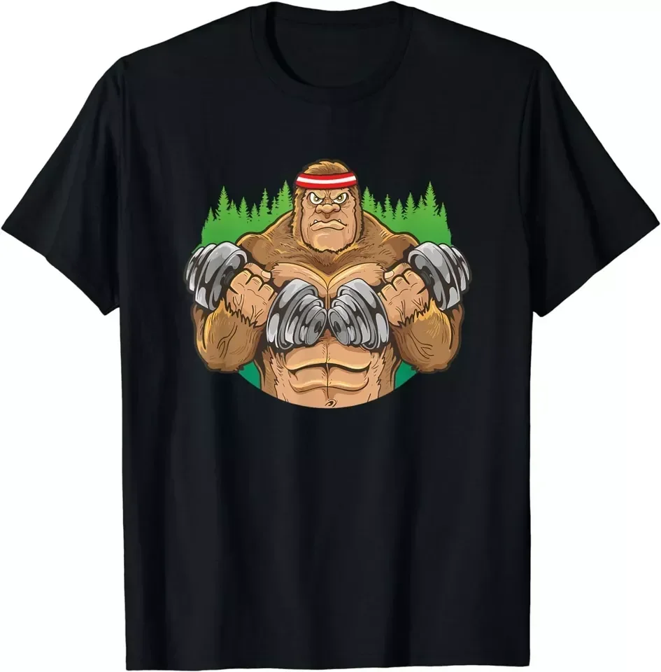 New Limited Funny T-Shirt Bigfoot Lifting Weights Dumbbells Fitness Gym