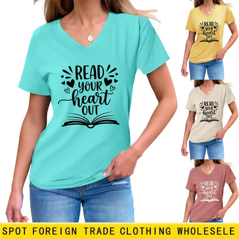 

American-style retro oversized short-sleeved t-shirt with printed design, summer loose V-neck top