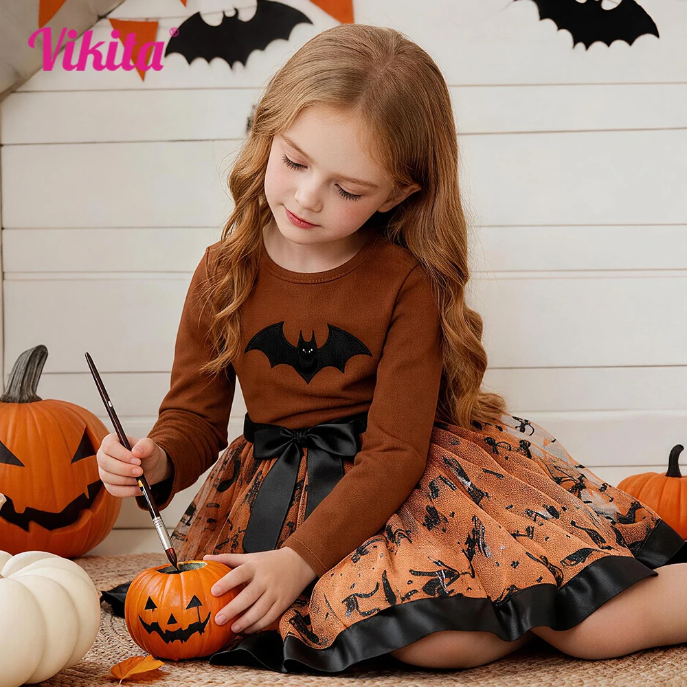 VIKITA Kids Halloween Witch Pumpkin Bat Print Skirts with Bowknot Girls Party Festival Dress Up Mini Tulle Skirts Kids Clothes
