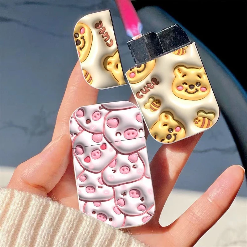 Anime Cute Pink flame Cigarettes Pocket Lighters Long Stripe Jet Metal Portable Fuel lighter Outdoor Windproof Lighter Men Gift