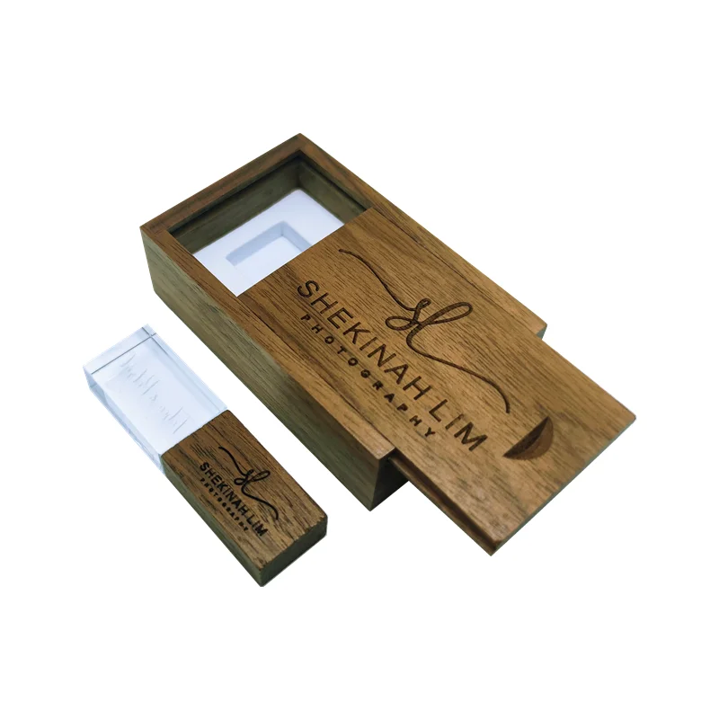 Free Custom Photography LOGO Walnut Metal Crystal USB Flash Drive 4GB 8GB 16GB 32GB 64GB Memory Stick and Walnut Gift Box