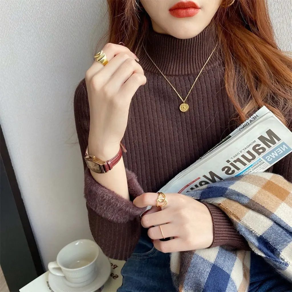 

Women's Fleece Sweater Thickened Half-High Collar Base Layer Warm Knitted Top for Autumn Winter New Style