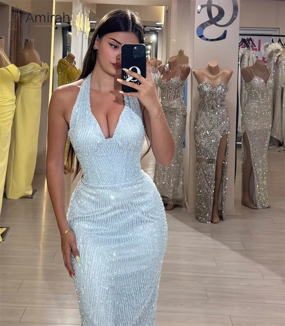 Amirah V-neck Women Evening Dress 2025 Elegant Prom Dresses Luxury Women's Elegant Party Dress Custom Made Long Fish Tail Blue