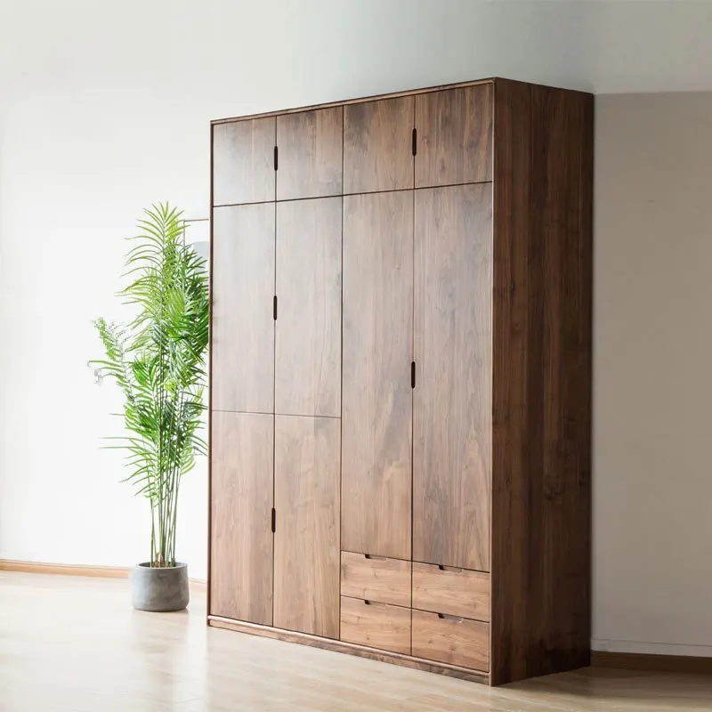 

Nordic solid wood black walnut door wardrobe Zen new Chinese style Japanese modern simple casement four-door coat