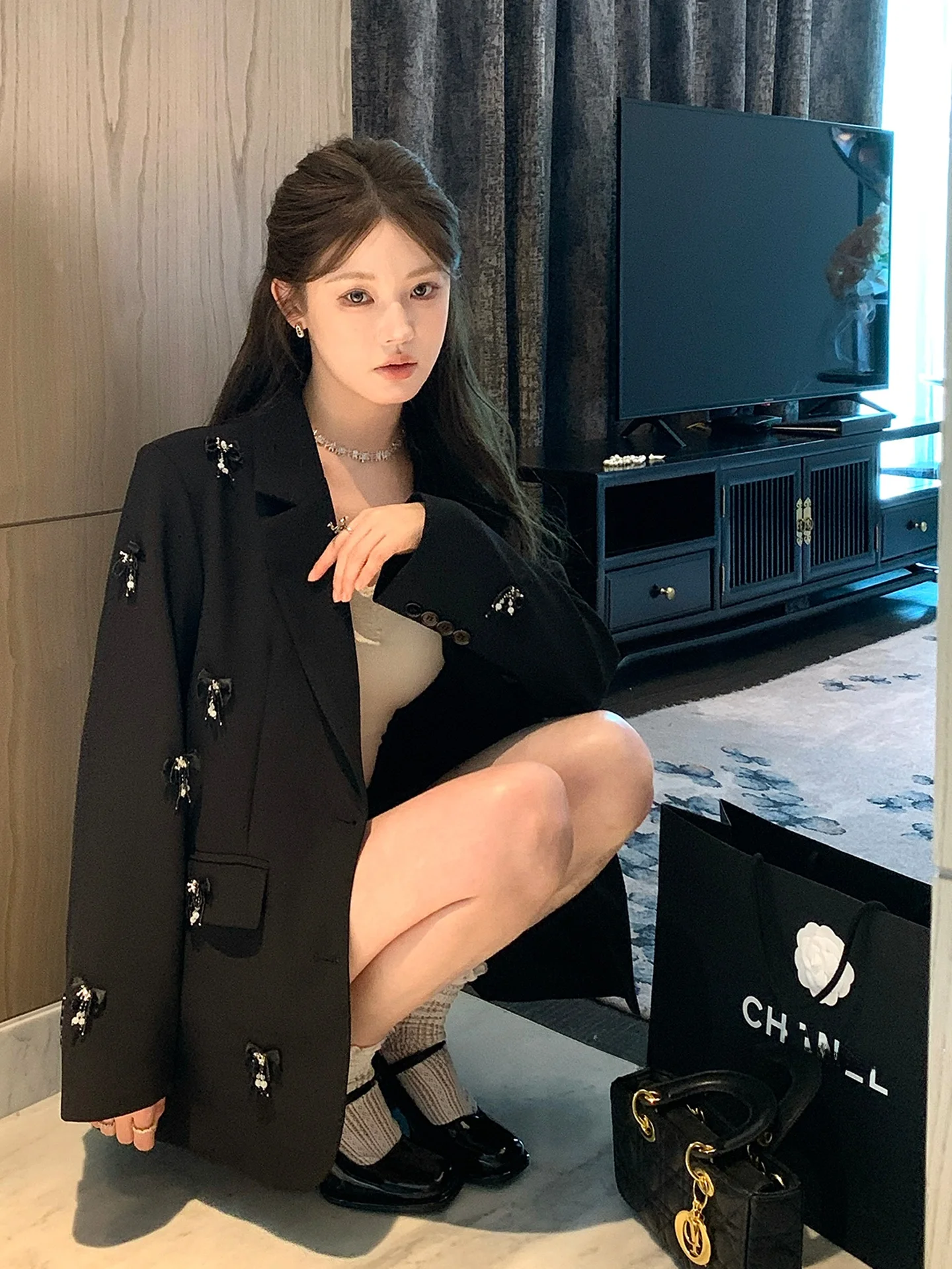 

FanyFloss Design Sensation Bla Костюм Куртка с блестками и узлом Повседневное женское пальто Ol Aosphere French Sle