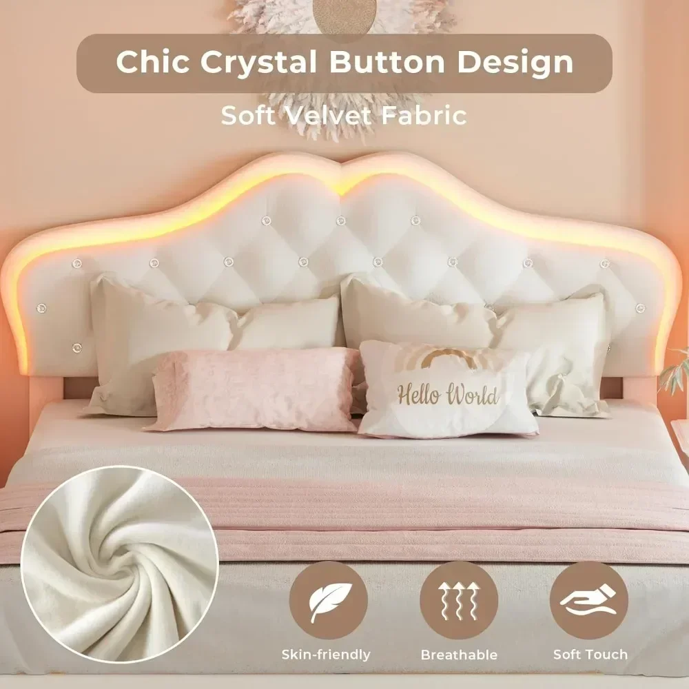 Full Size Bed Frame with LED Lights, Adjustable Headboard, Crystal Button, Solid Wood Slats Support, Princess Platform Bed Frame