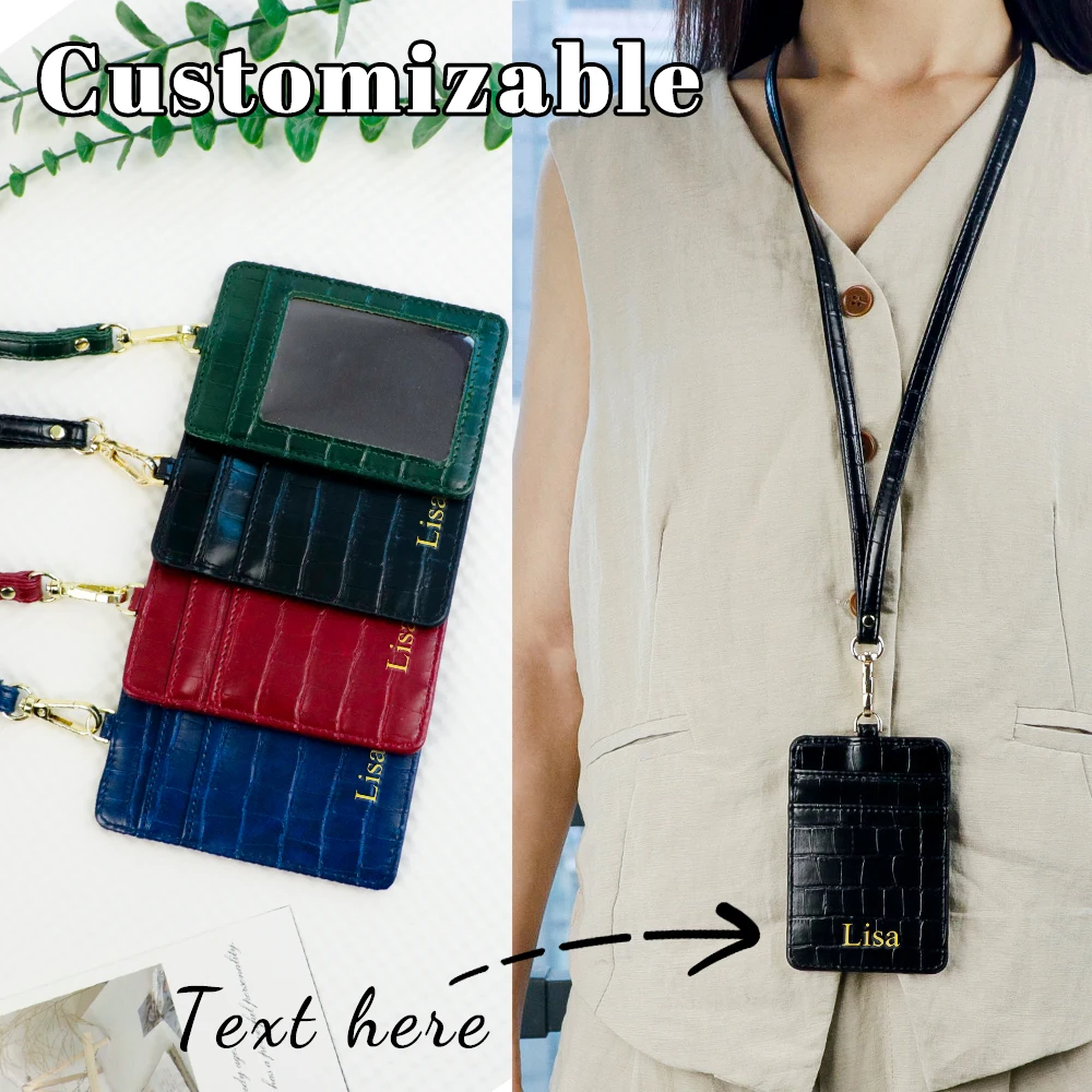 Aangepaste naam krokodil PU lederen lanyard kaarthouder, multifunctionele nek ID-kaarthouder, creditcardhouder, werkkaart